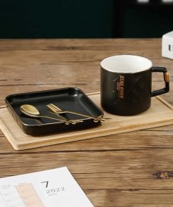 Black - Luxury coffee mug dessert saucer set with wooden plate & ceramic coffee cup- 250ml