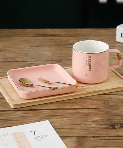 Pink - Luxury coffee mug dessert saucer set with wooden plate & ceramic coffee cup- 250ml