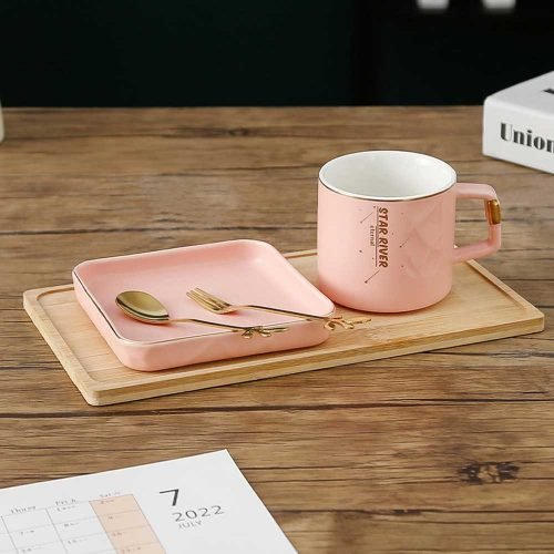 Pink - Luxury coffee mug dessert saucer set with wooden plate & ceramic coffee cup- 250ml