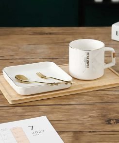 White - Luxury coffee mug dessert saucer set with wooden plate & ceramic coffee cup- 250ml