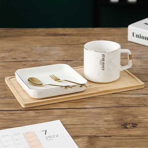 White - Luxury coffee mug dessert saucer set with wooden plate & ceramic coffee cup- 250ml