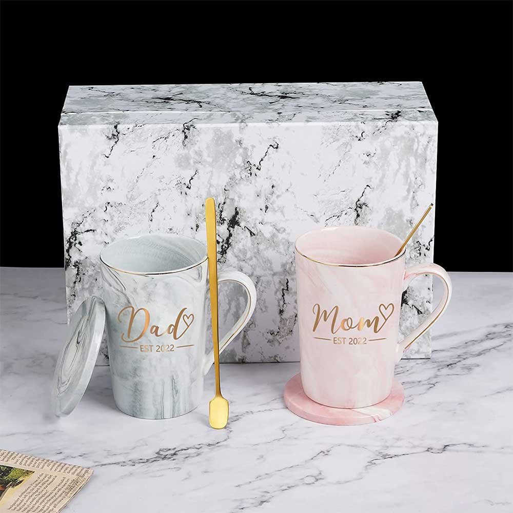 Dad and Mom Coffee Marble Mug Set With Box Coaster Spoon, Pink and Gray –  Granchy